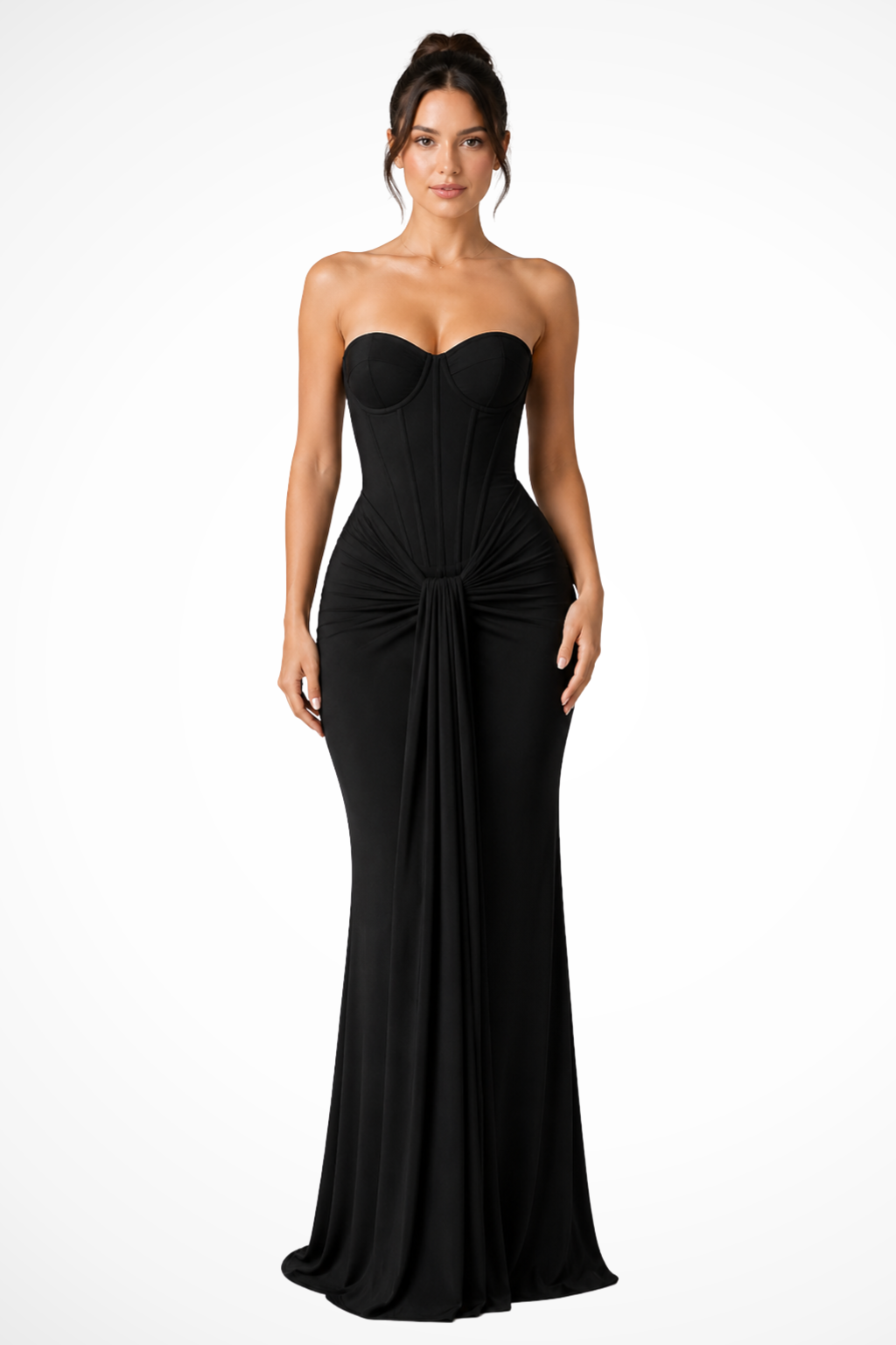 Sorvienne Women's Lace Corset Strapless Draped Maxi Dress in Black