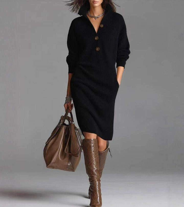 Sorvienne Relaxed Collared Knit Jumper Dress in Black