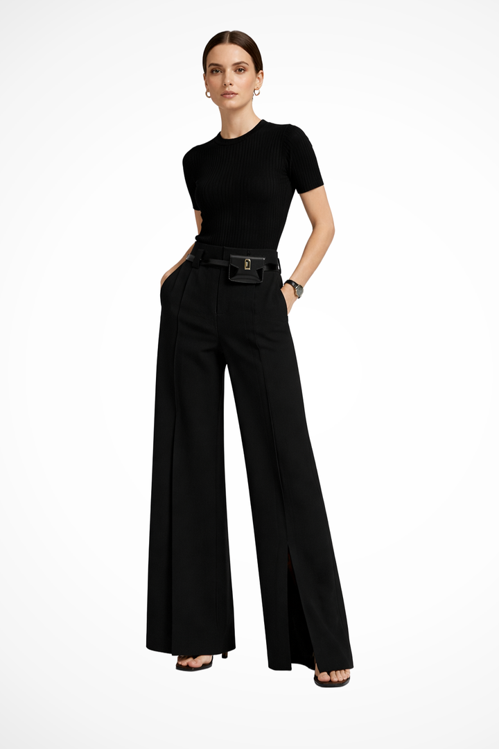 Sorvienne Women's Tailored Wide Leg Trousers in Black