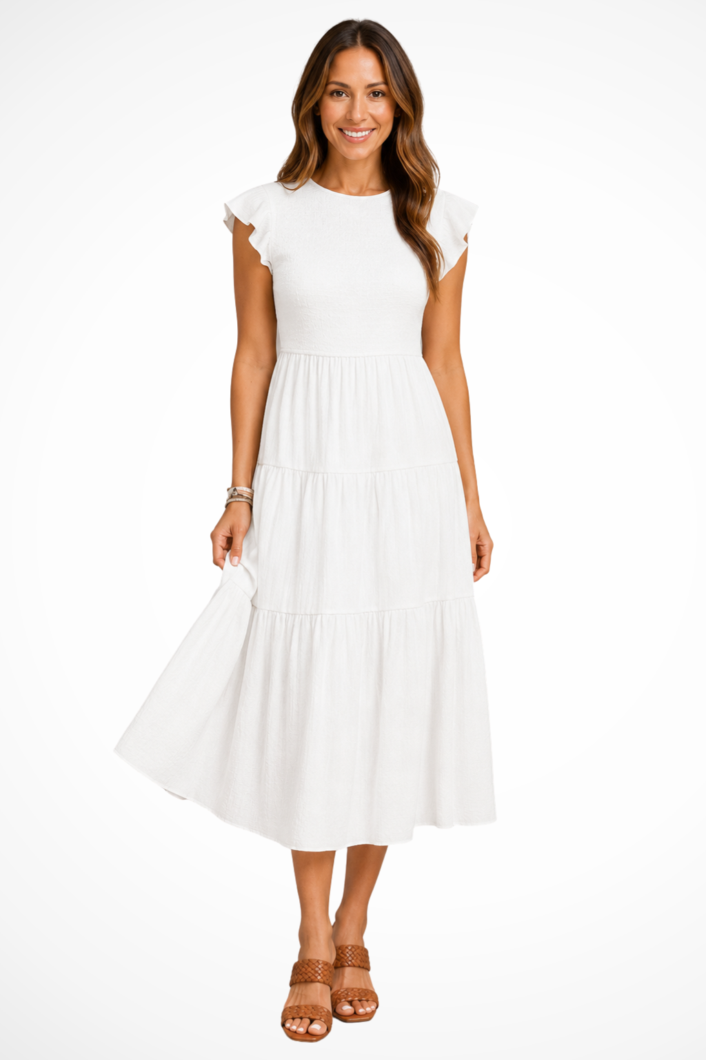 Sorvienne Shirred Tiered Relaxed Midi Dress in White
