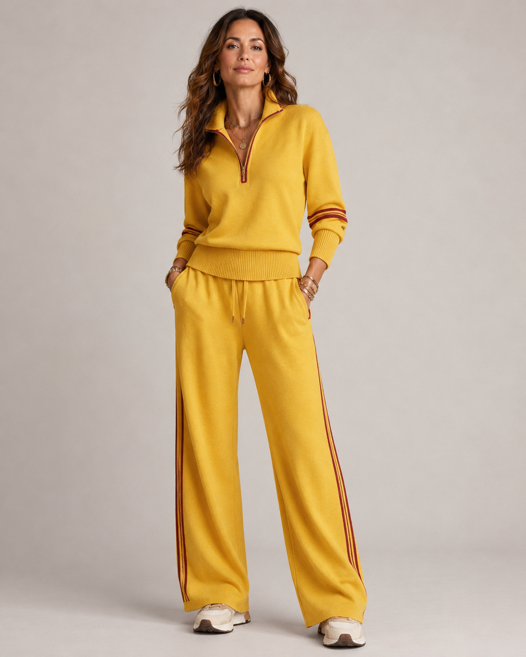 Sorvienne Relaxed Striped Trim Half Zip Co-ord Set in Mustard