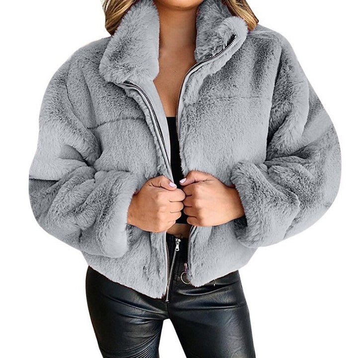 Sorvienne Relaxed Zip Front Faux Fur Jacket in Grey