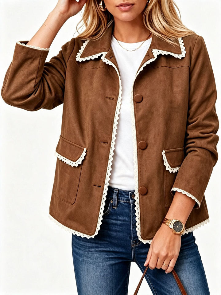 Sorvienne Tailored Contrast Trim Faux Suede Jacket in Brown