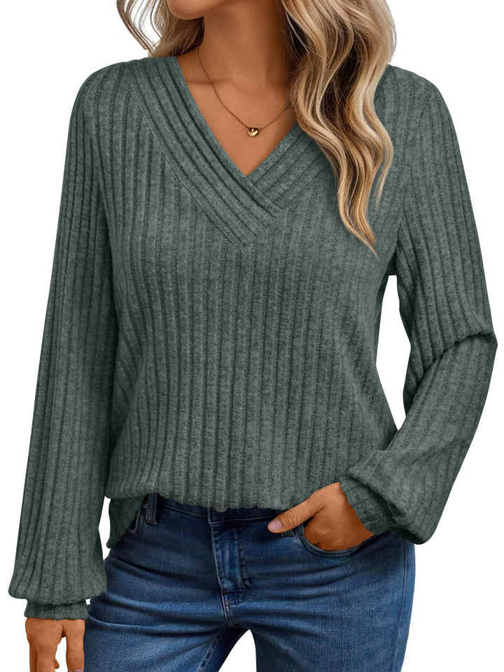 Sorvienne Relaxed Ribbed V Neck Jumper in Sage Green