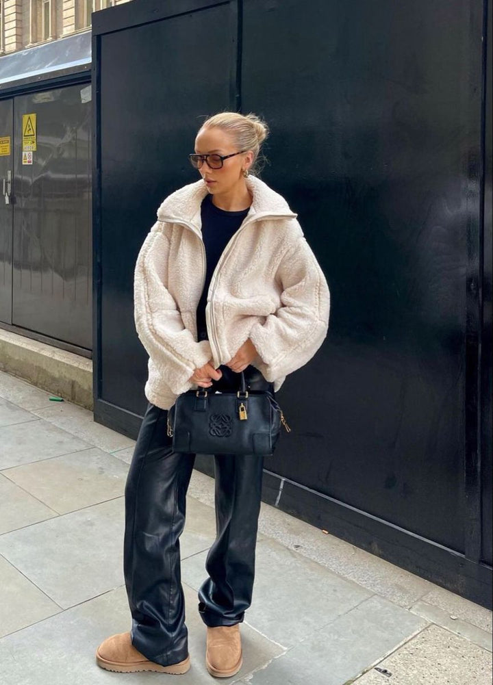 Sorvienne Oversized Zip Through Borg Jacket in Cream