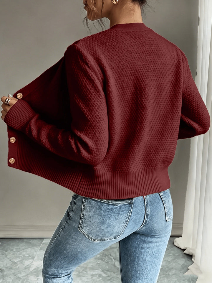 Sorvienne Cropped Cable Knit Cardigan in Burgundy