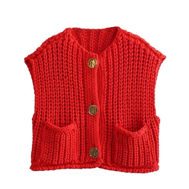Sorvienne Relaxed Chunky Knitted Waistcoat in Red