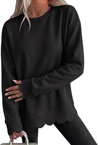 Sorvienne Relaxed Scallop Hem Crew Neck Sweatshirt in Black