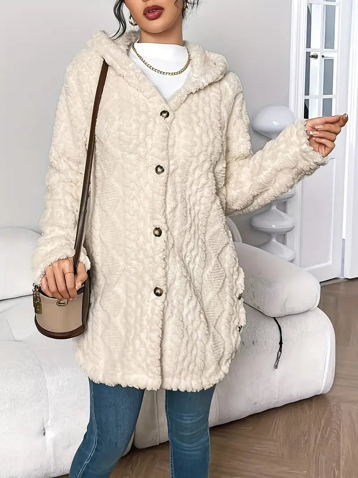Sorvienne Relaxed Cable Texture Hooded Fleece Cardigan in Cream