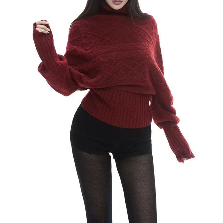 Sorvienne Batwing Cable Knit Roll Neck Jumper in Burgundy
