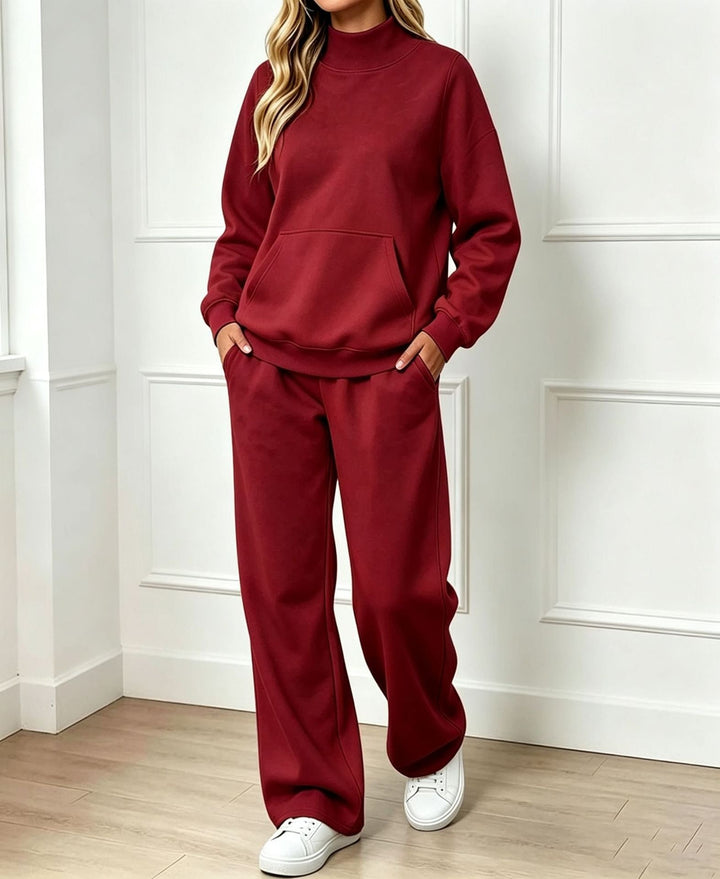 Sorvienne Relaxed Mock Neck Sweatshirt and Joggers Set in Burgundy