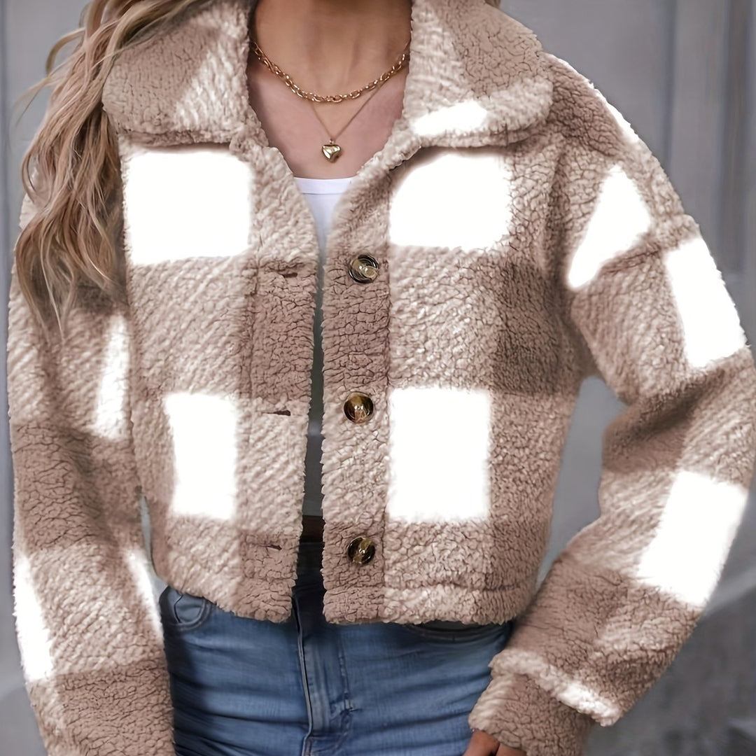 Sorvienne Relaxed Cropped Check Borg Jacket in Taupe