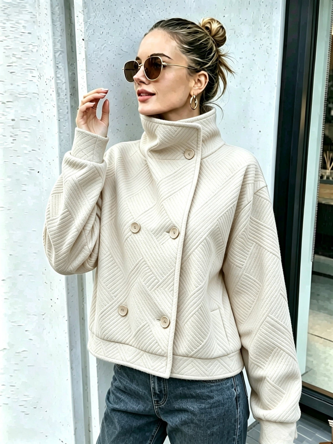Sorvienne Textured Double Breasted Funnel Neck Jacket in Ivory