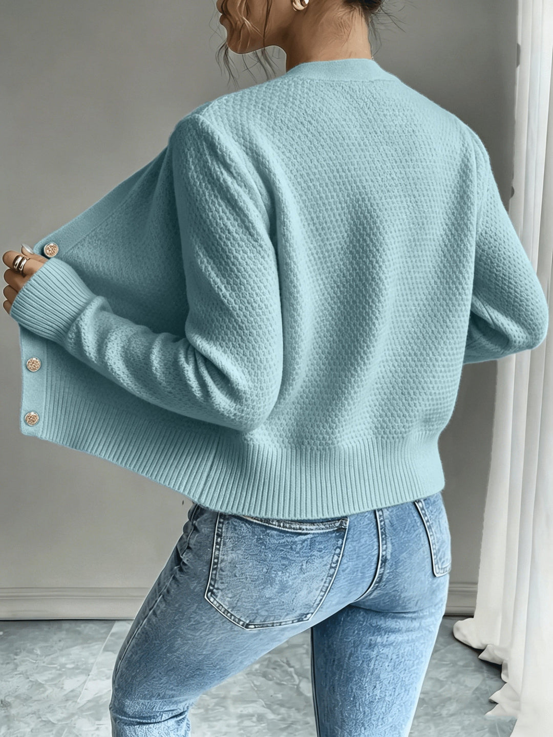 Sorvienne Cropped Cable Knit Cardigan in Sky Blue