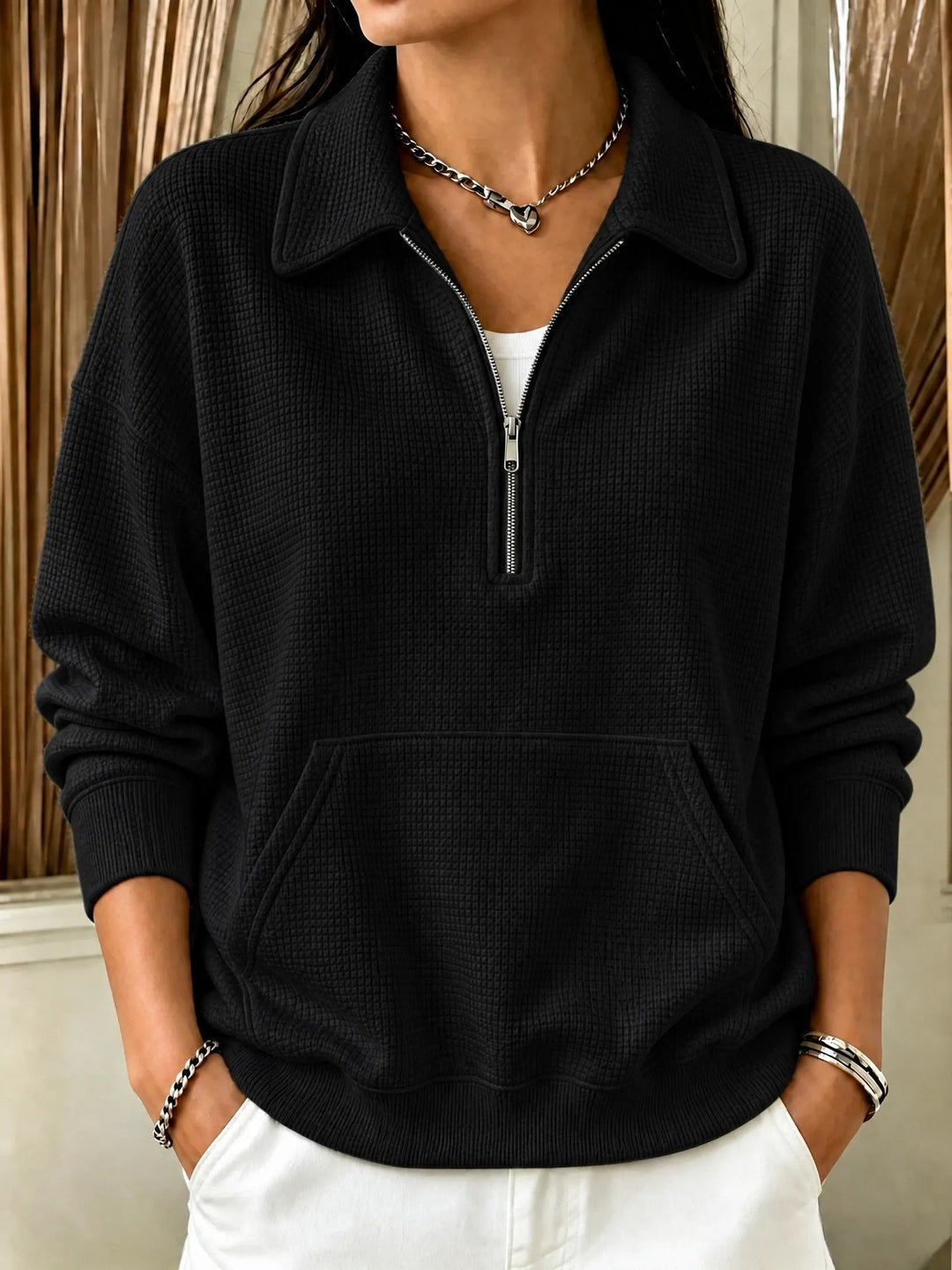 Sorvienne Relaxed Waffle Collared Half Zip Sweatshirt in Black