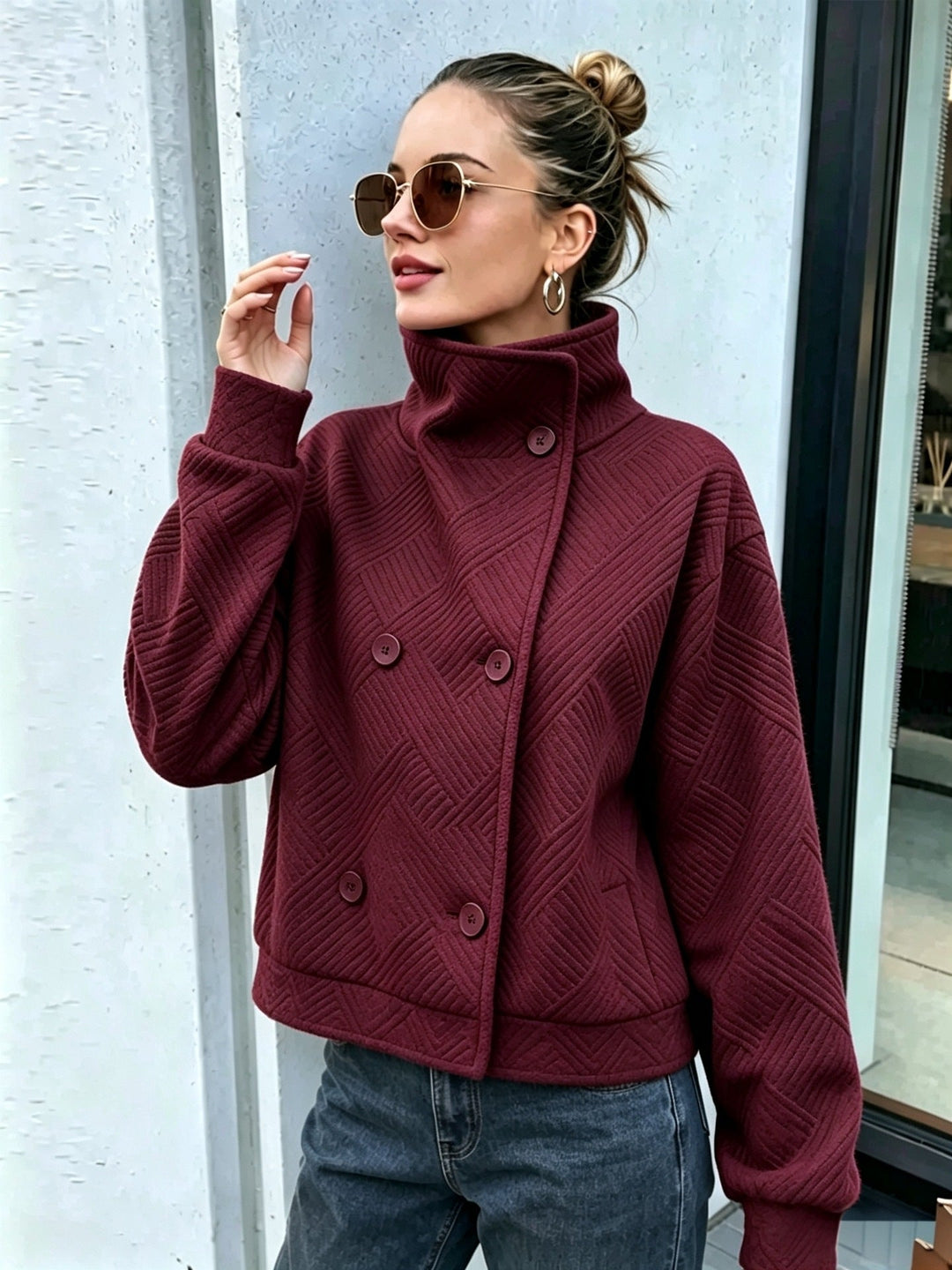 Sorvienne Textured Double Breasted Funnel Neck Jacket in Burgundy