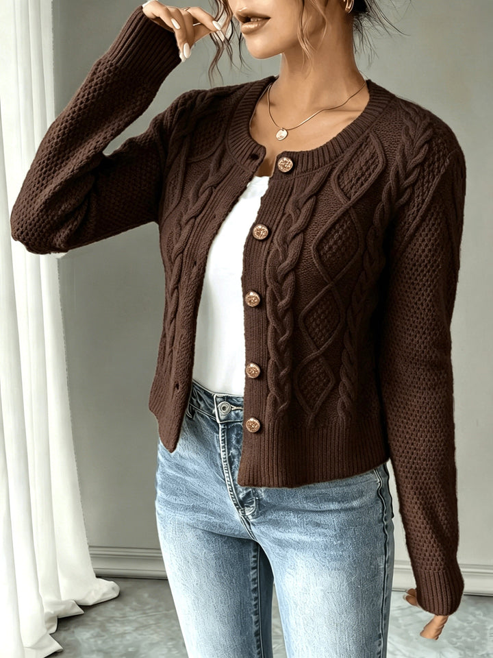 Sorvienne Cropped Cable Knit Cardigan in Chocolate