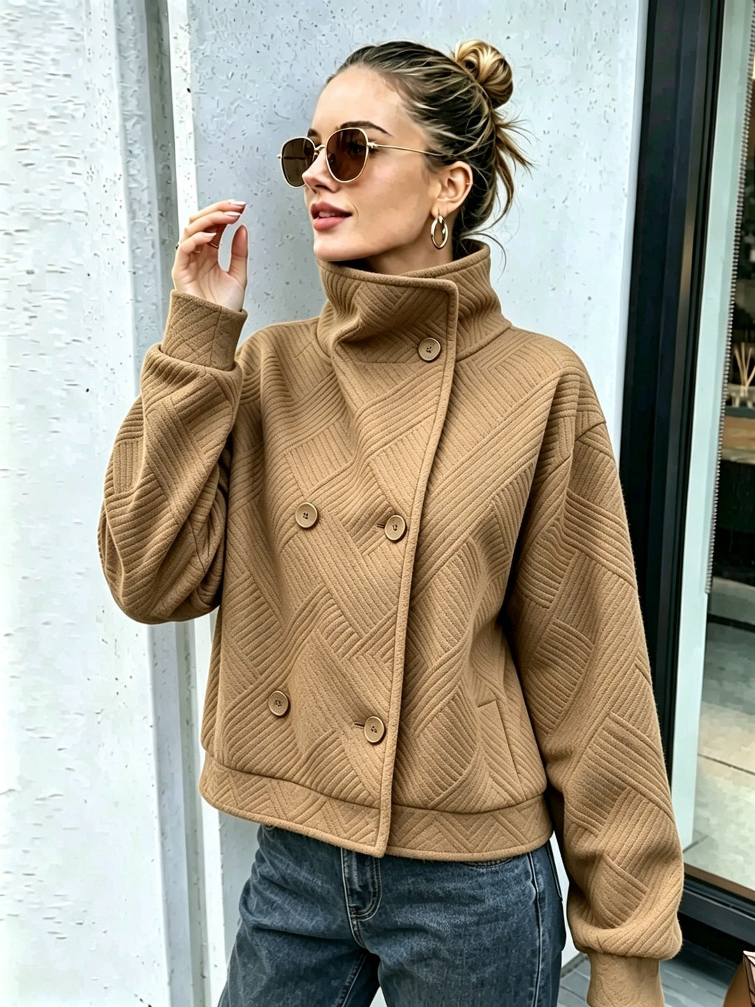Sorvienne Textured Double Breasted Funnel Neck Jacket in Camel