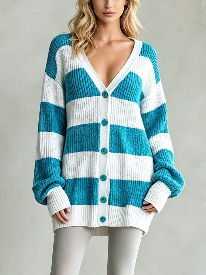 Sorvienne Oversized Button Front Striped Cardigan in Teal Stripe