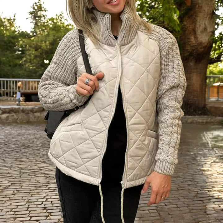 Sorvienne Relaxed Quilted Jacket with Knit Sleeves in Stone
