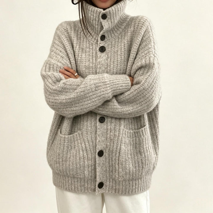 Sorvienne Oversized Chunky Rib Funnel Neck Cardigan in Light Grey