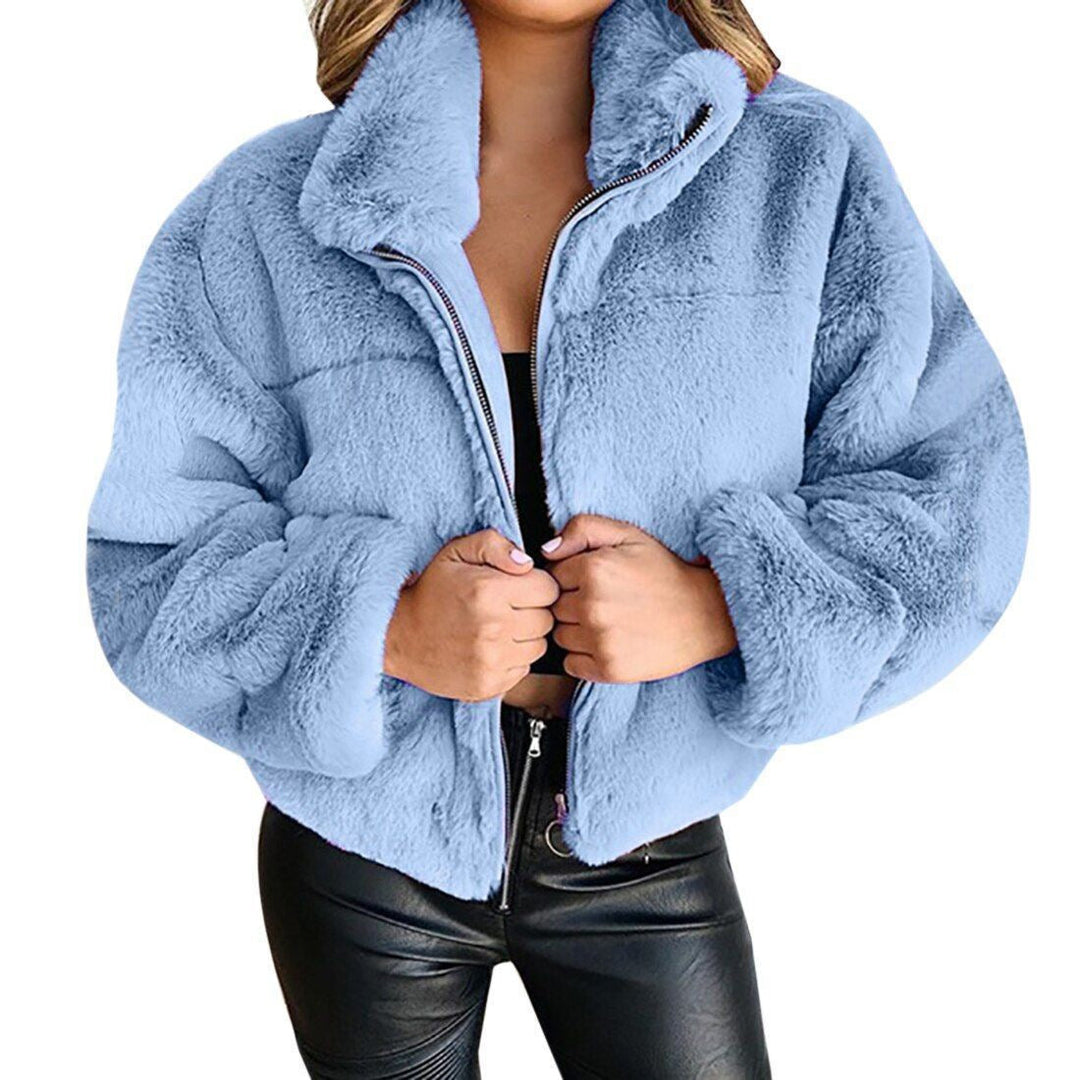 Sorvienne Relaxed Zip Front Faux Fur Jacket in Light Blue