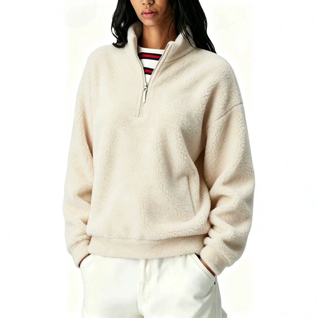 Sorvienne Relaxed Borg Half Zip Fleece in Cream