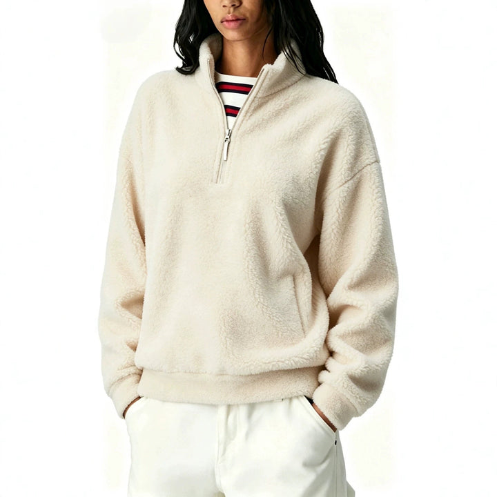 Sorvienne Relaxed Borg Half Zip Fleece in Cream