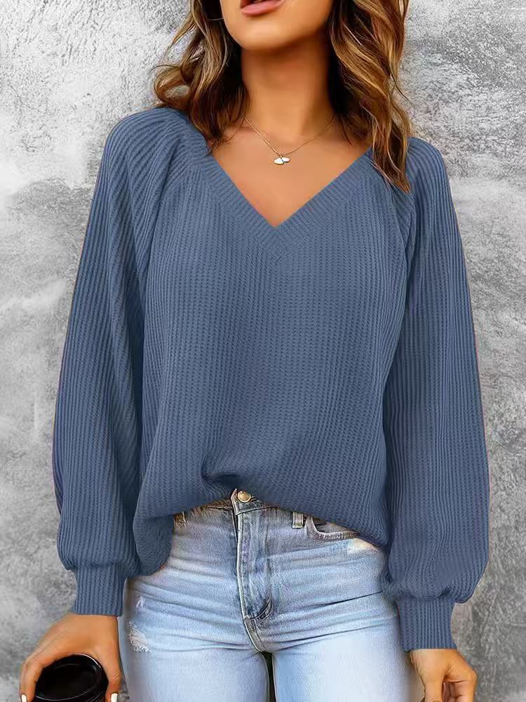 Sorvienne Relaxed Raglan Rib V Neck Jumper in Denim Blue