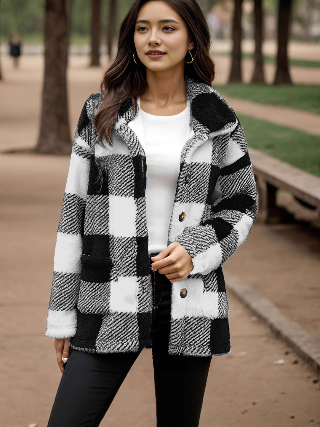 Sorvienne Relaxed Borg Check Shacket in Black