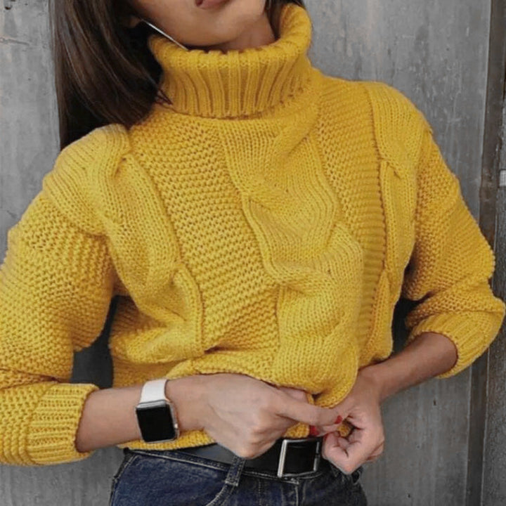 Sorvienne Relaxed Chunky Cable Knit Roll Neck Jumper in Mustard