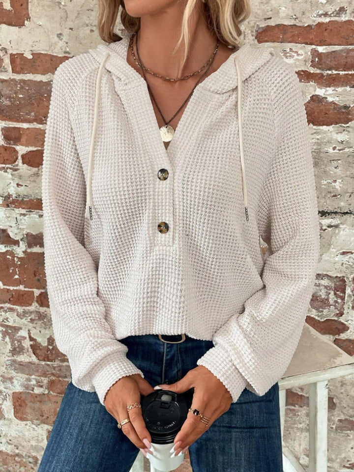 Sorvienne Relaxed Button Neck Waffle Knit Hoodie in Cream