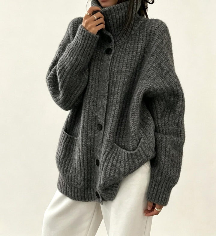 Sorvienne Oversized Chunky Rib Funnel Neck Cardigan in Charcoal