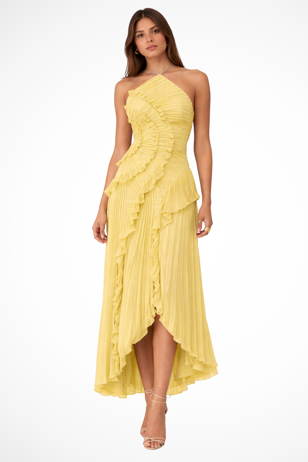 Sorvienne Women's Flowing Backless Halter Maxi Dress in Yellow