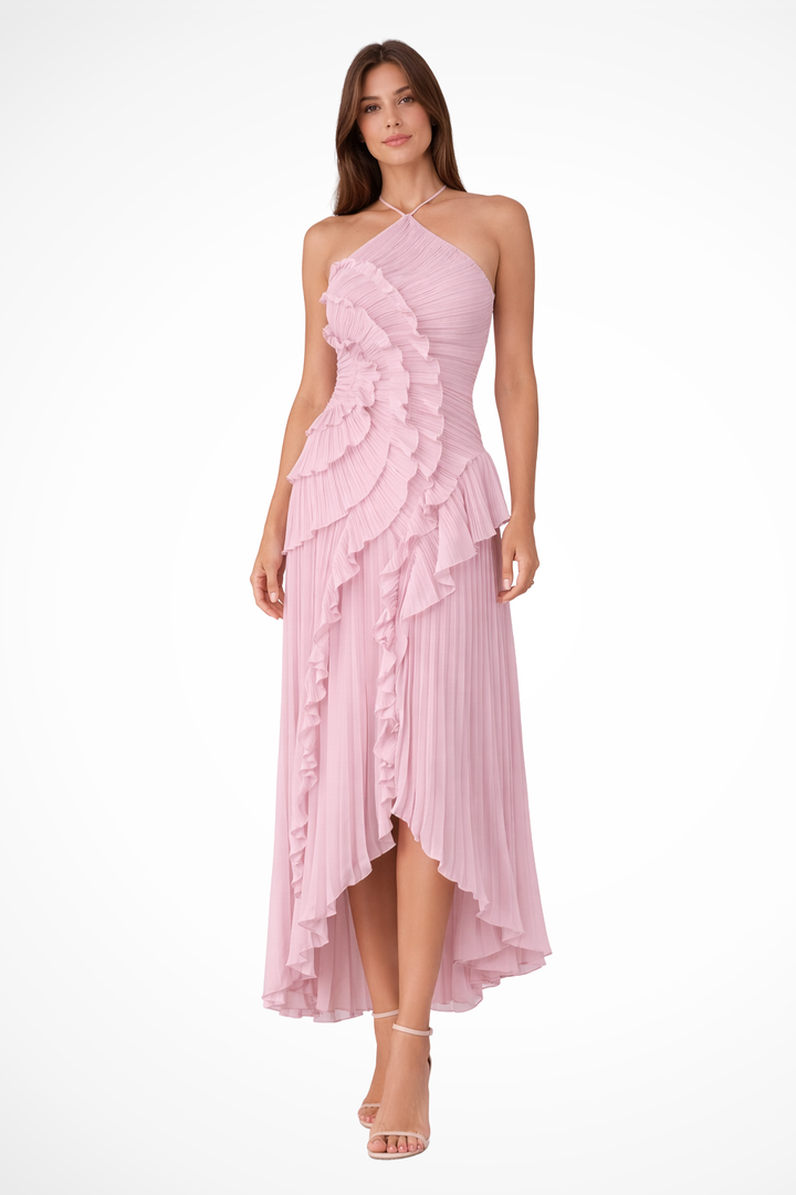 Sorvienne Women's Flowing Backless Halter Maxi Dress in Pink