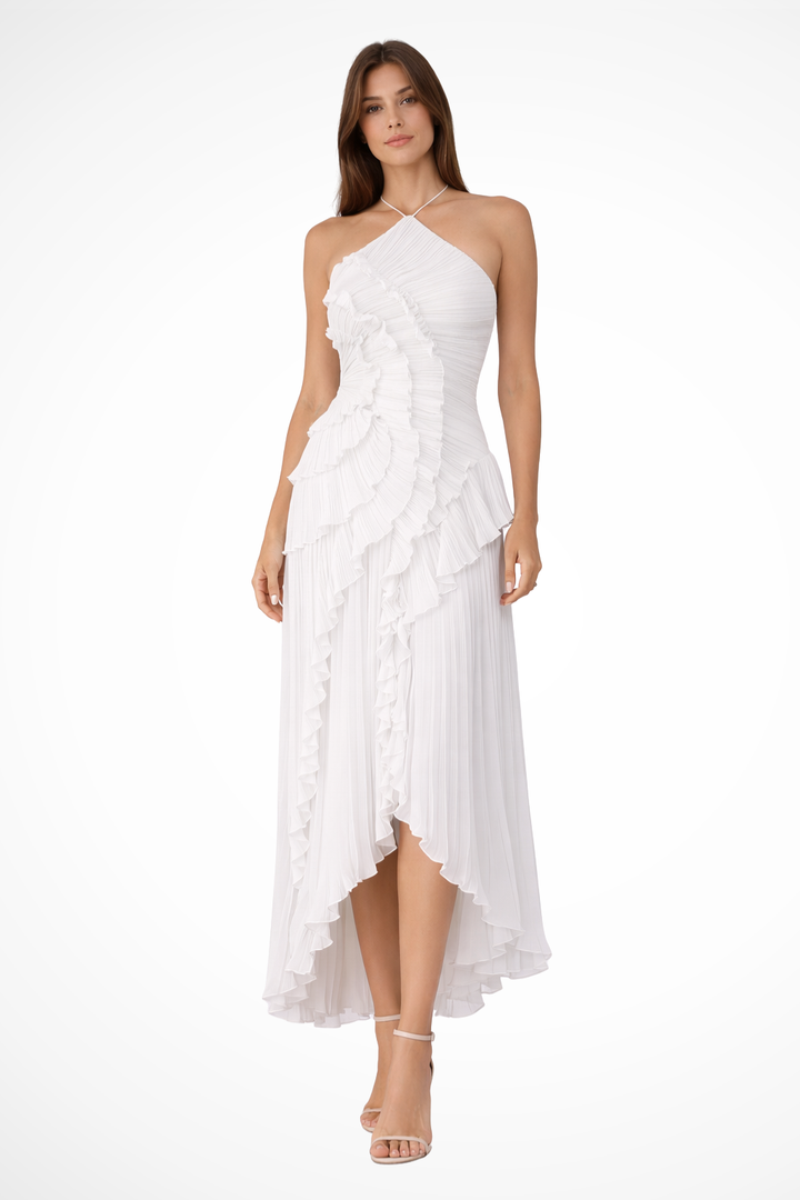 Sorvienne Women's Flowing Backless Halter Maxi Dress in White