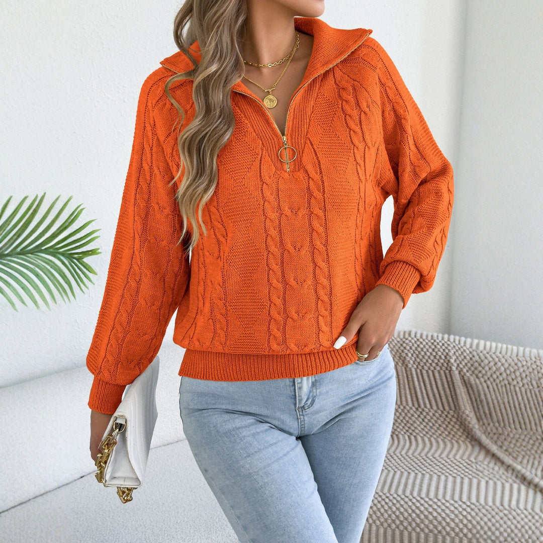 Sorvienne Relaxed Collared Cable Knit Half Zip Jumper in Orange