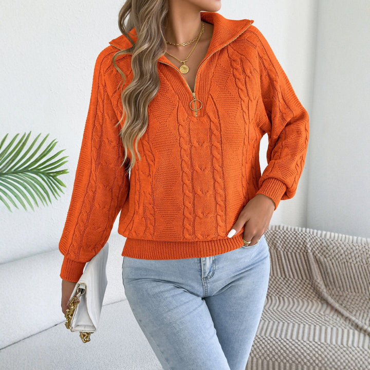 Sorvienne Relaxed Collared Cable Knit Half Zip Jumper in Orange