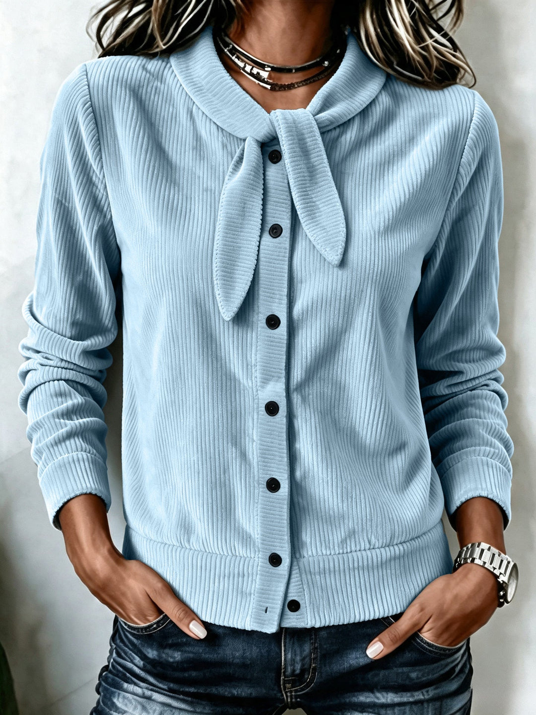 Sorvienne Slim Ribbed Tie Neck Cardigan in Sky Blue