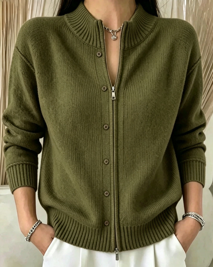 Sorvienne Mock Neck Zip Through Cardigan in Olive