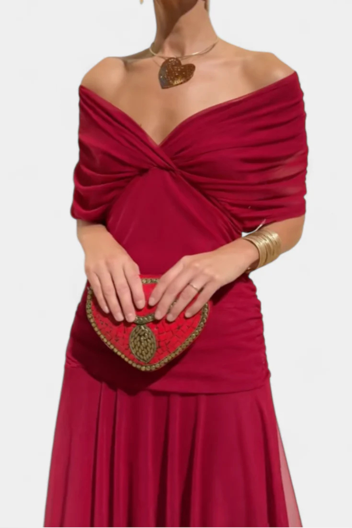Sorvienne Women's Off Shoulder Pleated Midi Dress