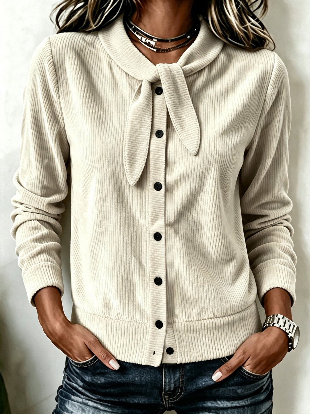 Sorvienne Slim Ribbed Tie Neck Cardigan in Cream