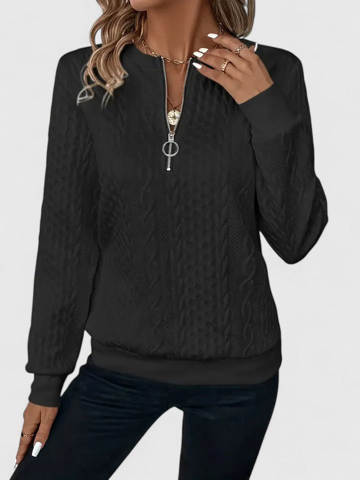 Sorvienne Relaxed Cable Texture Quarter Zip Jumper in Black