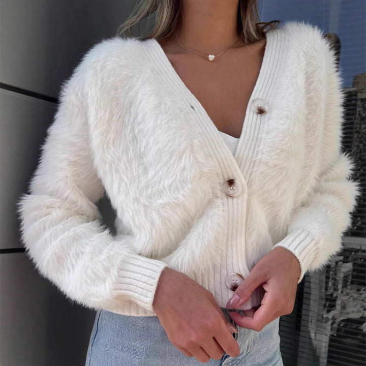 Sorvienne Relaxed Cropped Fluffy Cardigan in Cream