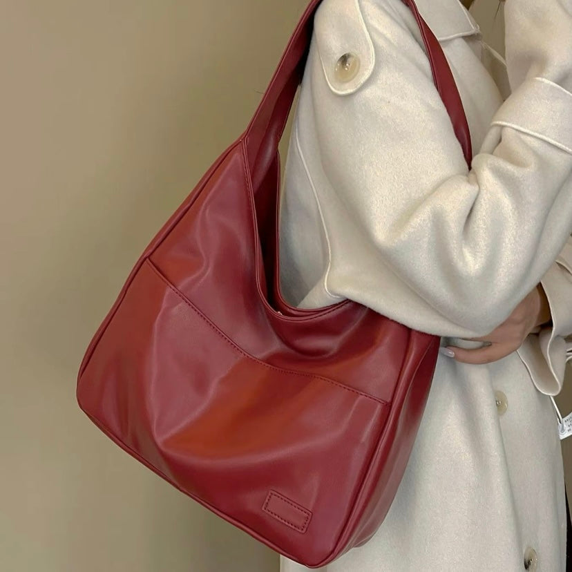 Sorvienne Leather Look Slouchy Hobo Bag in Burgundy