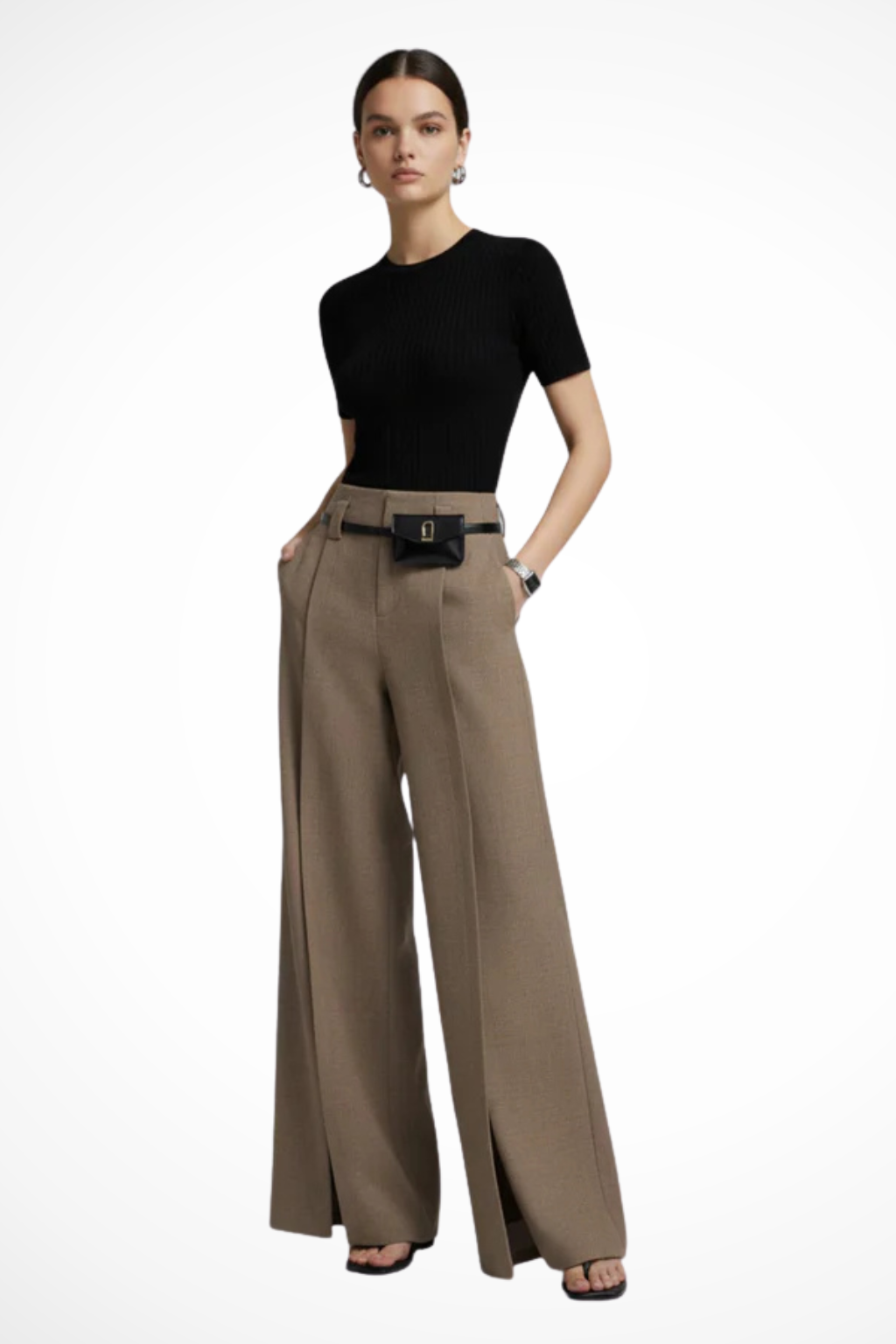 Sorvienne Women's Tailored Wide Leg Trousers in Khaki
