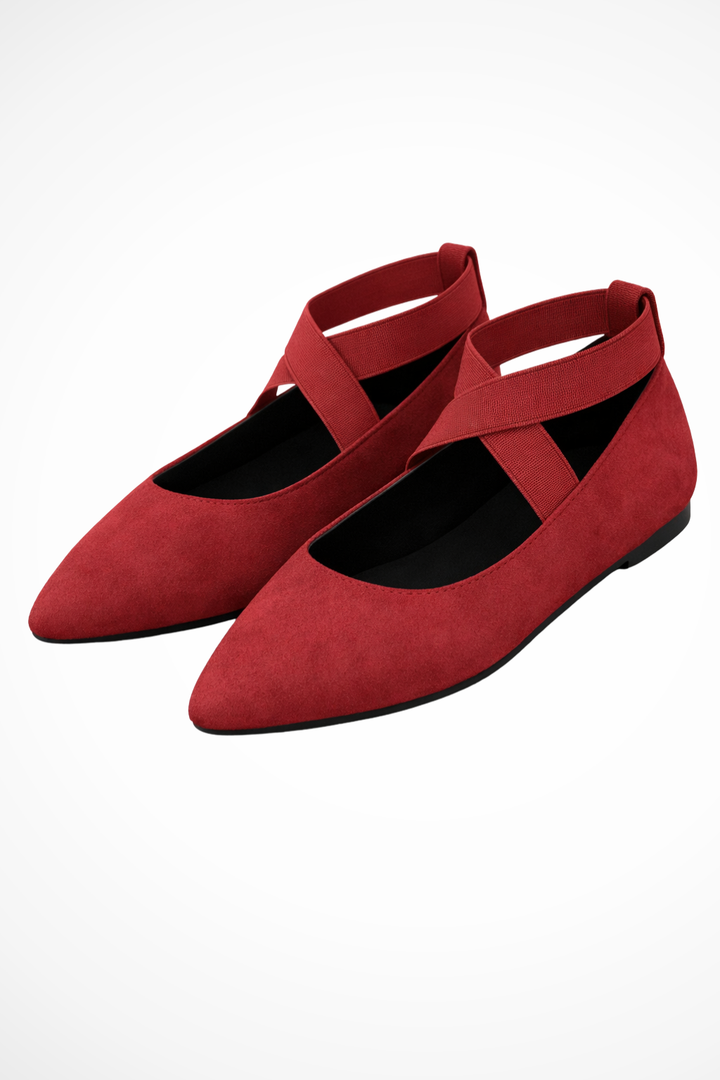 Sorvienne Women's Pointed Toe Ankle Strap Ballet Flats in Red
