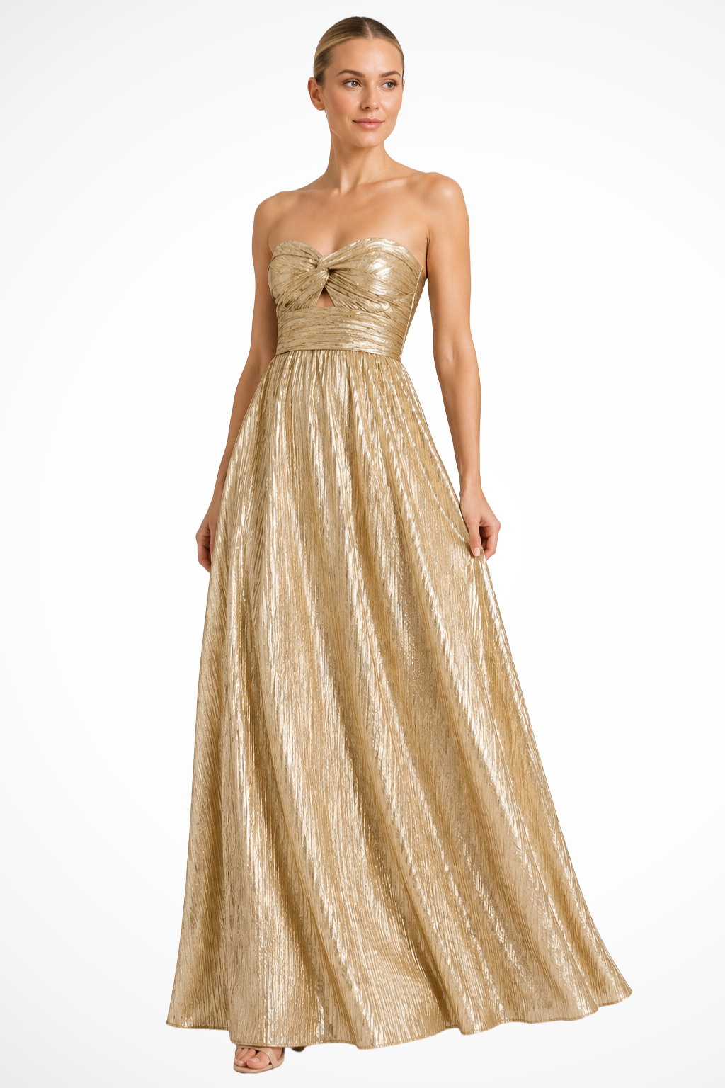 Sorvienne Strapless Twist Front Pleated Maxi Dress in Gold