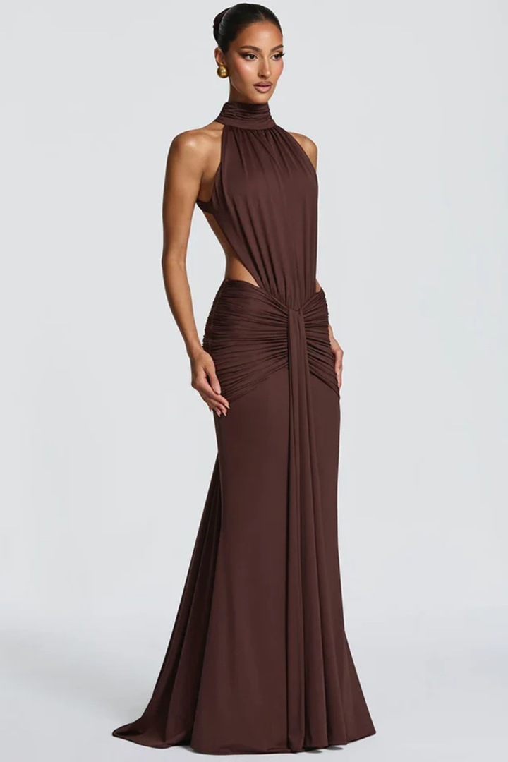 Sorvienne Women's High Neck Backless Ruched Maxi Dress