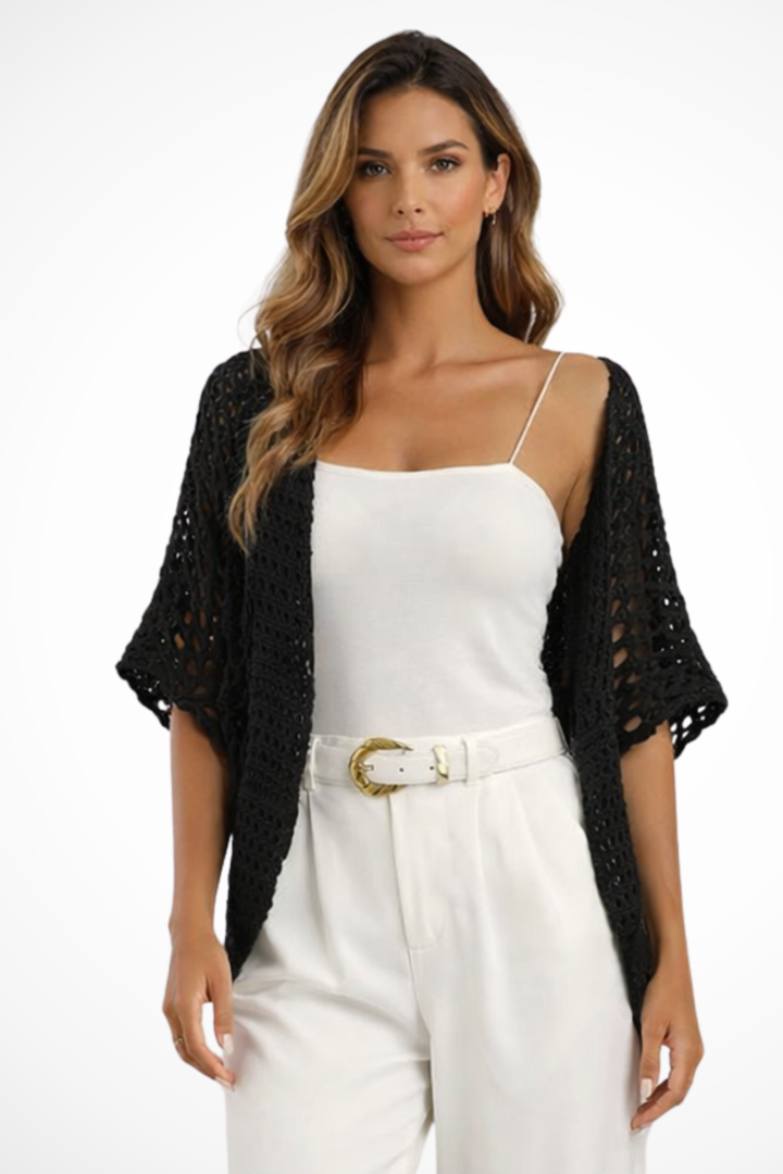 Sorvienne Women's Short Sleeve Crochet Cardigan in Black